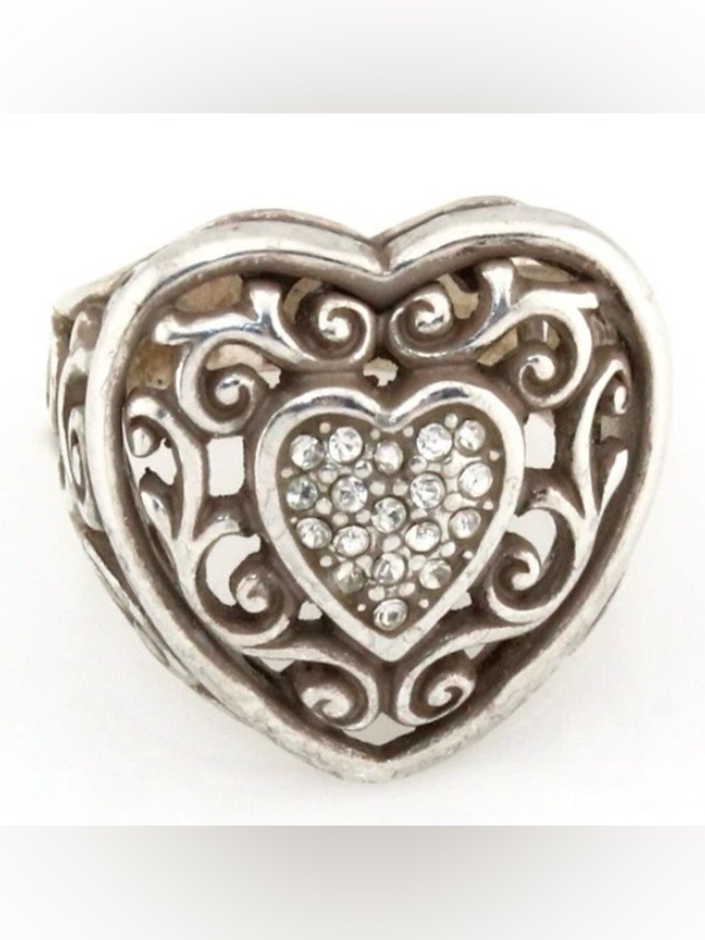 Brighton Reno Heart Filigree Pavé Ring - Silver Sz 7.5
